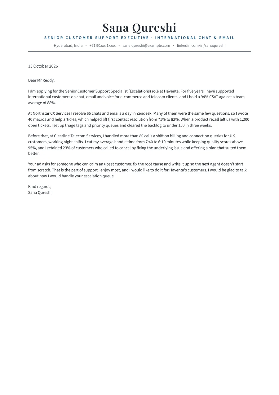 The customer service cover letter example as a PDF page
