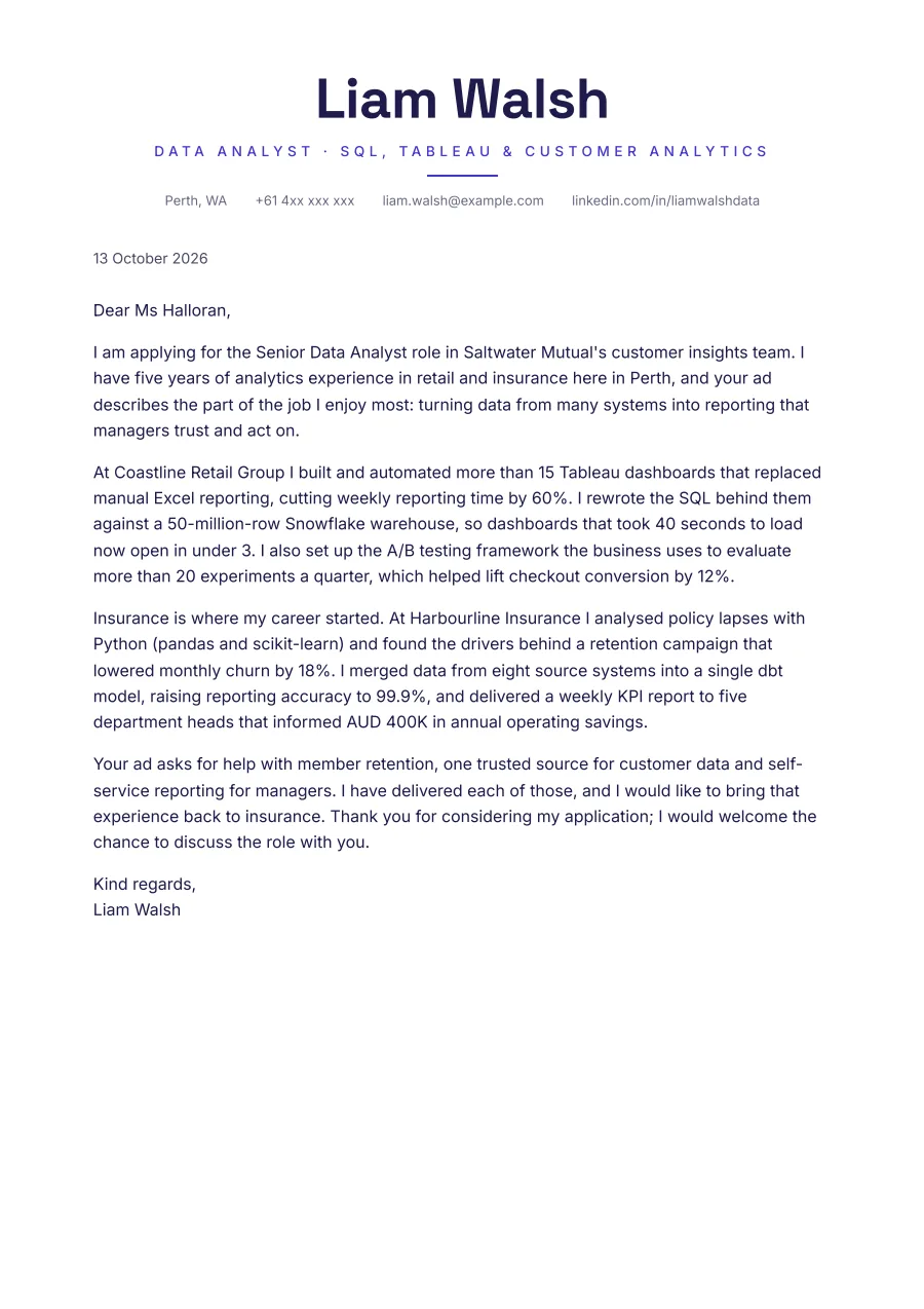 The data analyst cover letter example as a PDF page