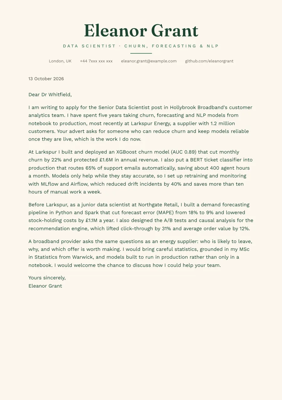 The data scientist cover letter example as a PDF page