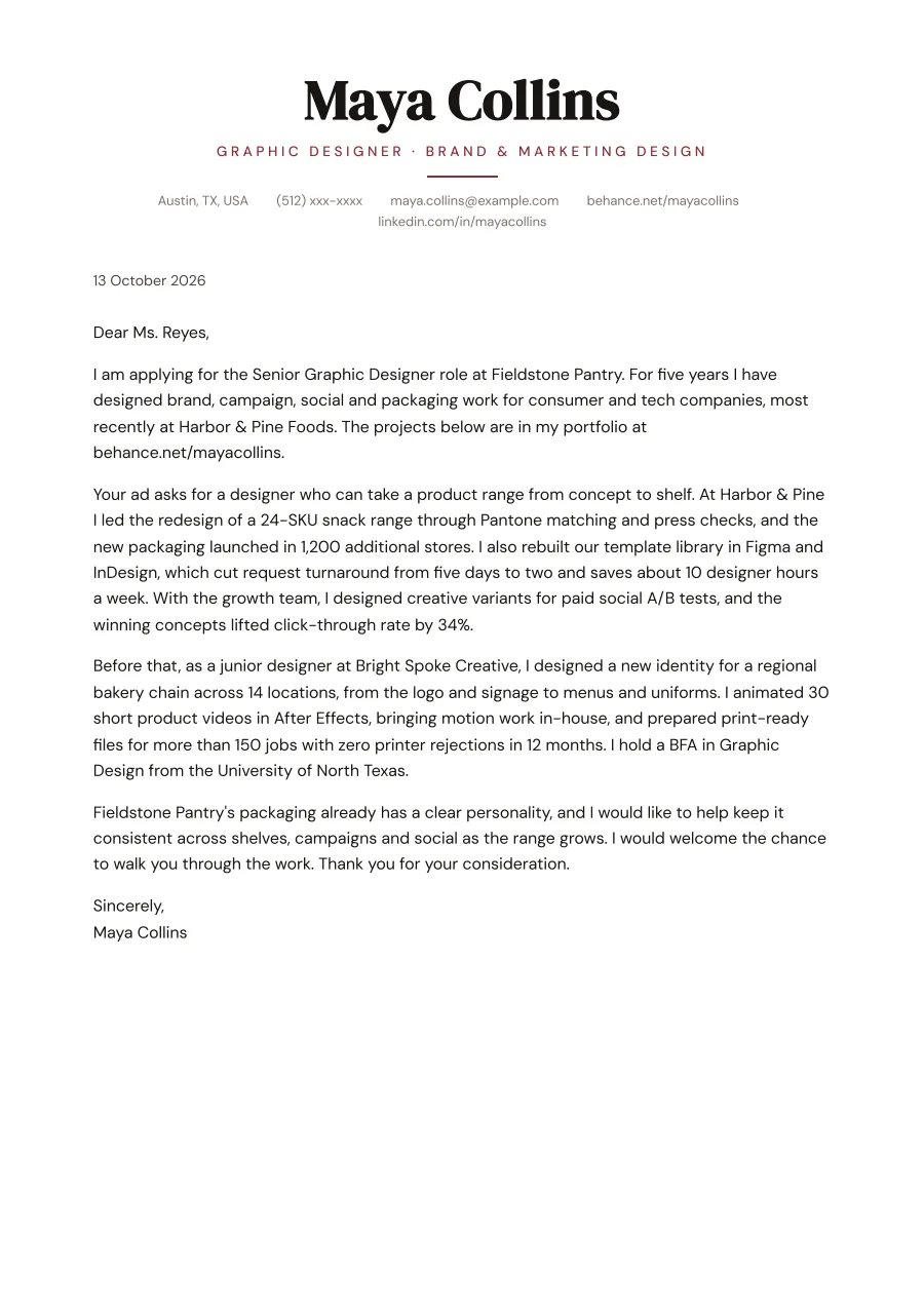 The graphic designer cover letter example as a PDF page