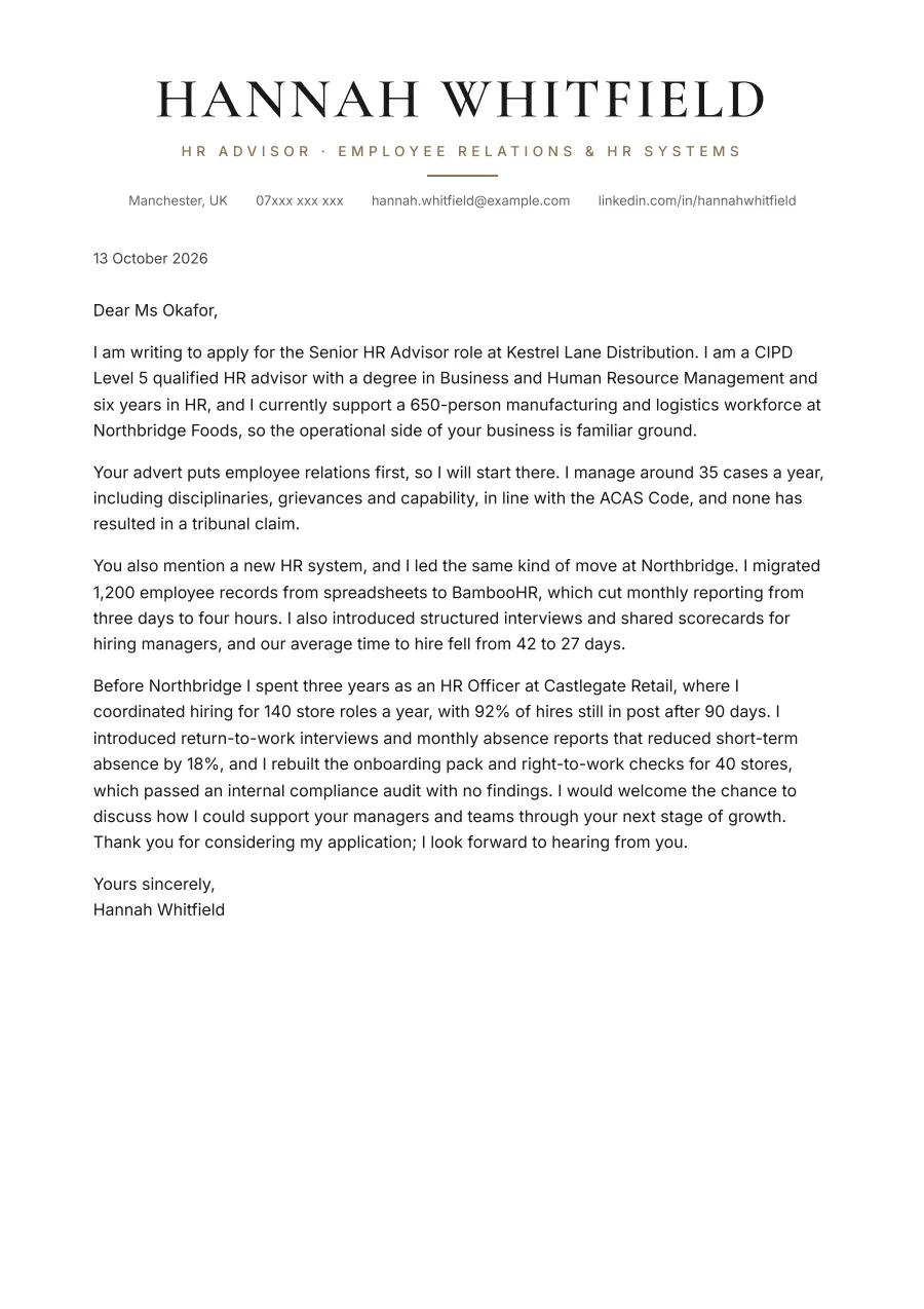 The human resources cover letter example as a PDF page