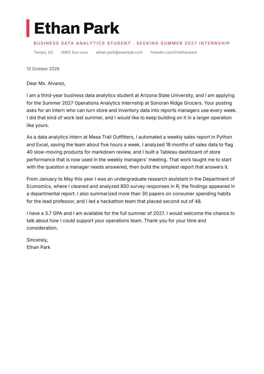 The internship cover letter example as a PDF page