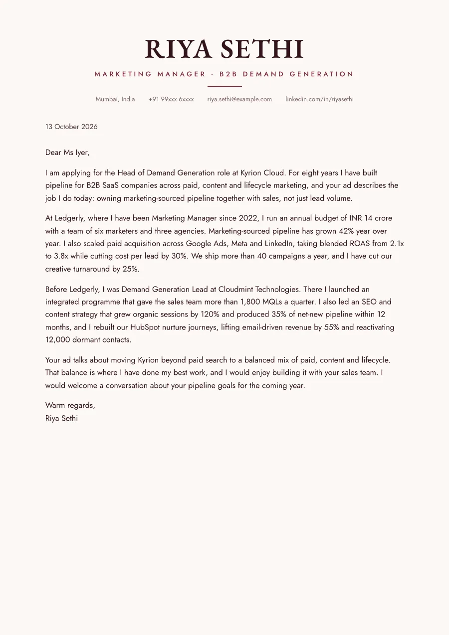 The marketing cover letter example as a PDF page