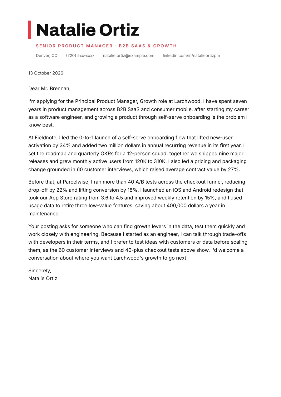 The product manager cover letter example as a PDF page