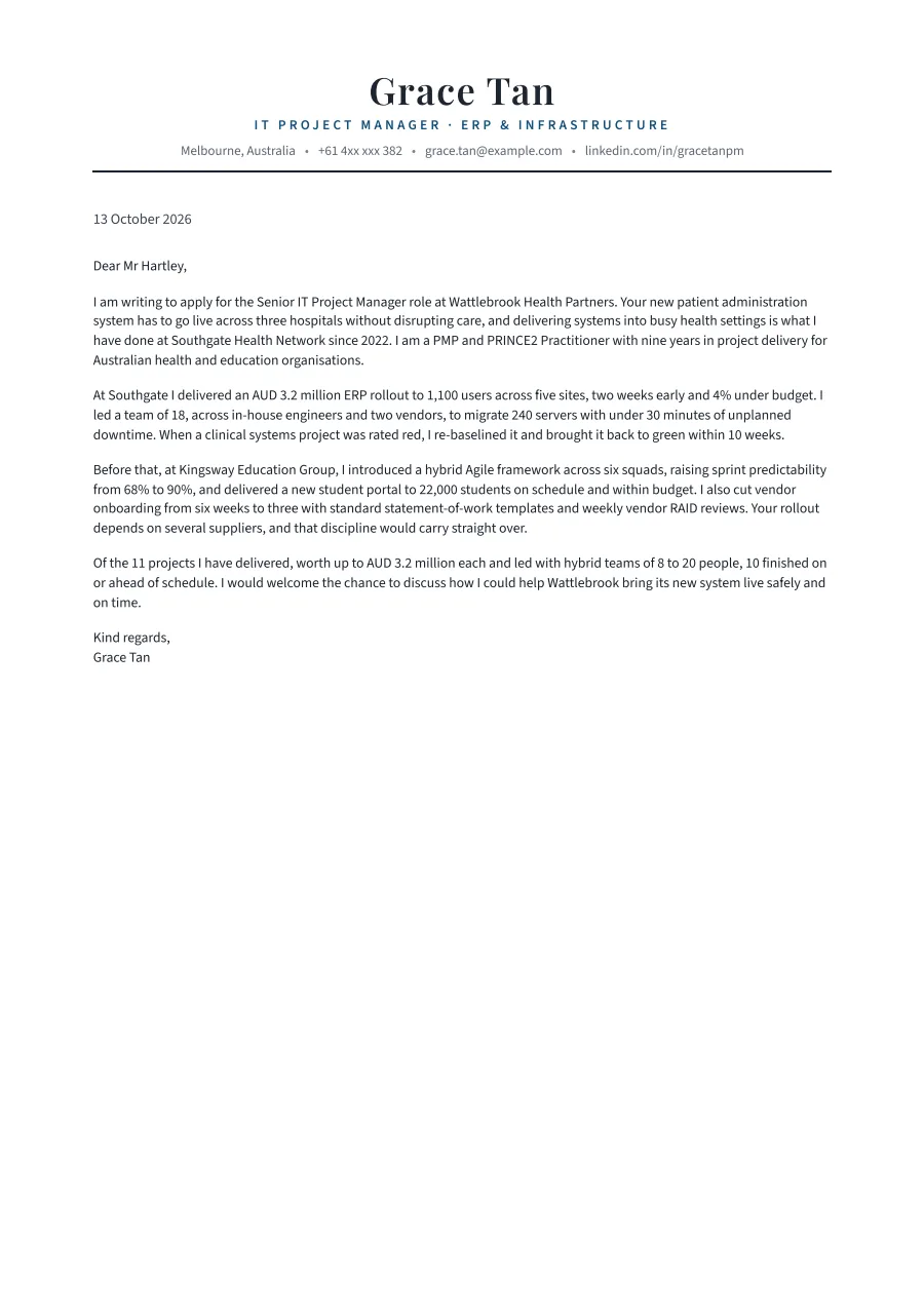 The project manager cover letter example as a PDF page