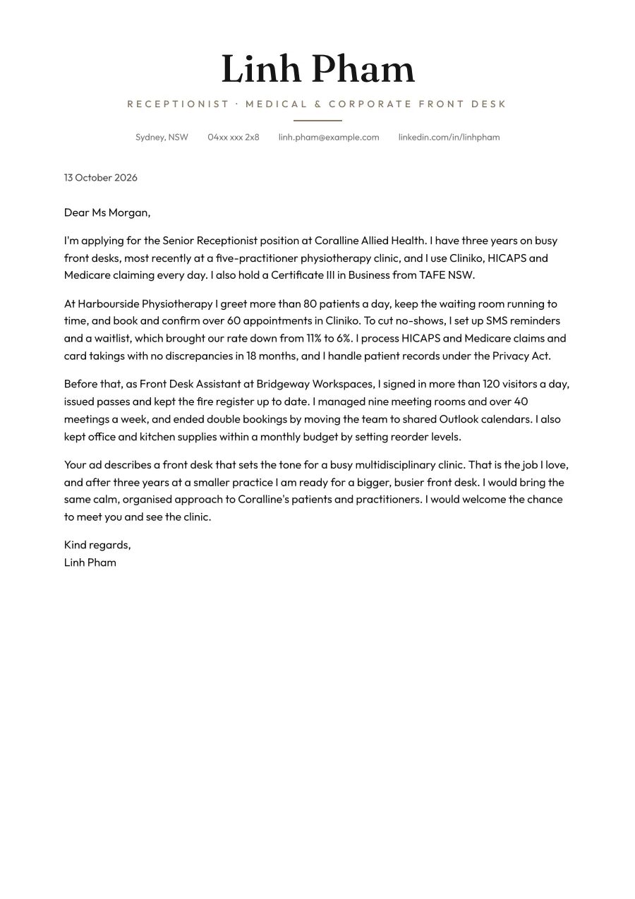 The receptionist cover letter example as a PDF page