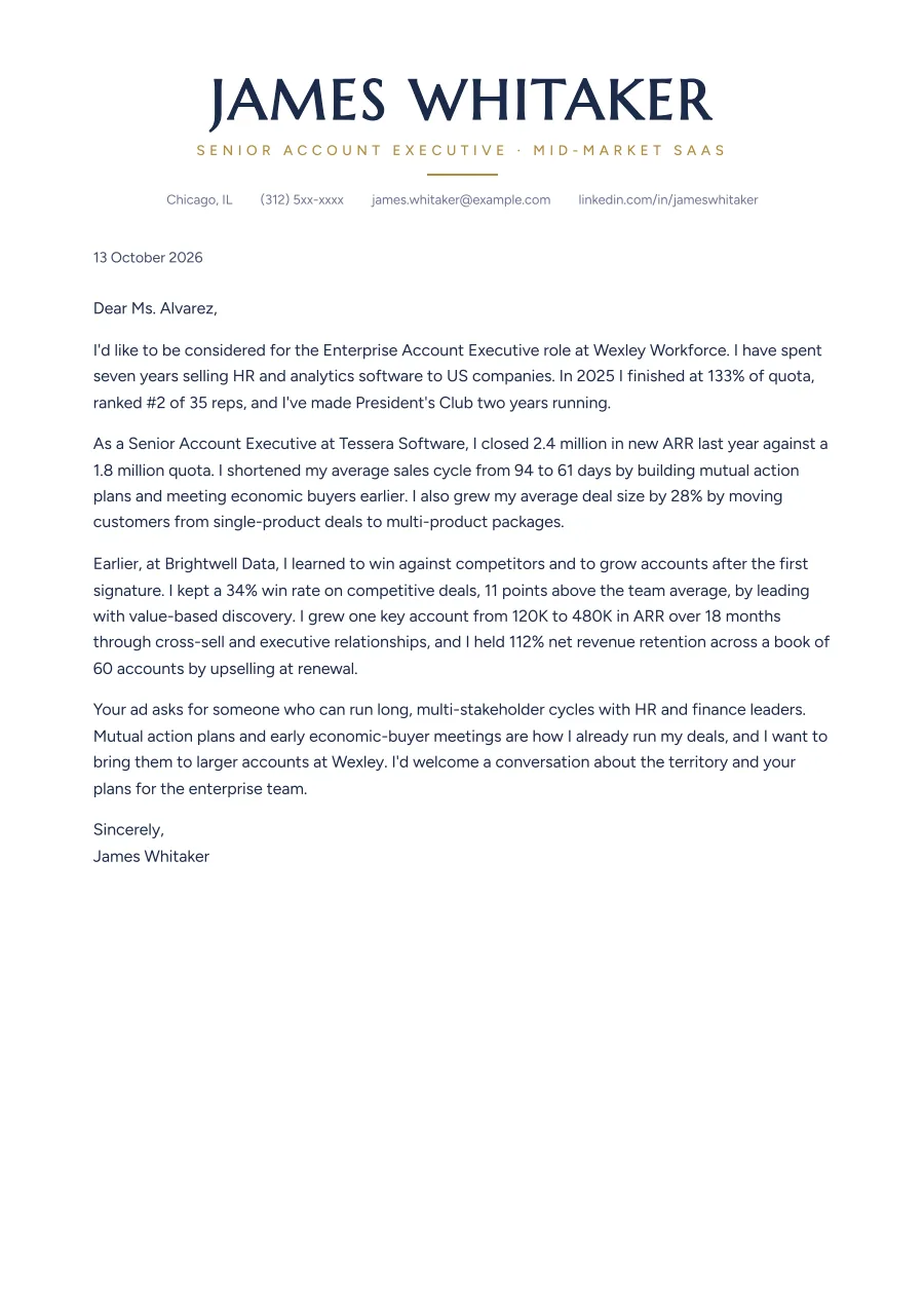 The sales cover letter example as a PDF page