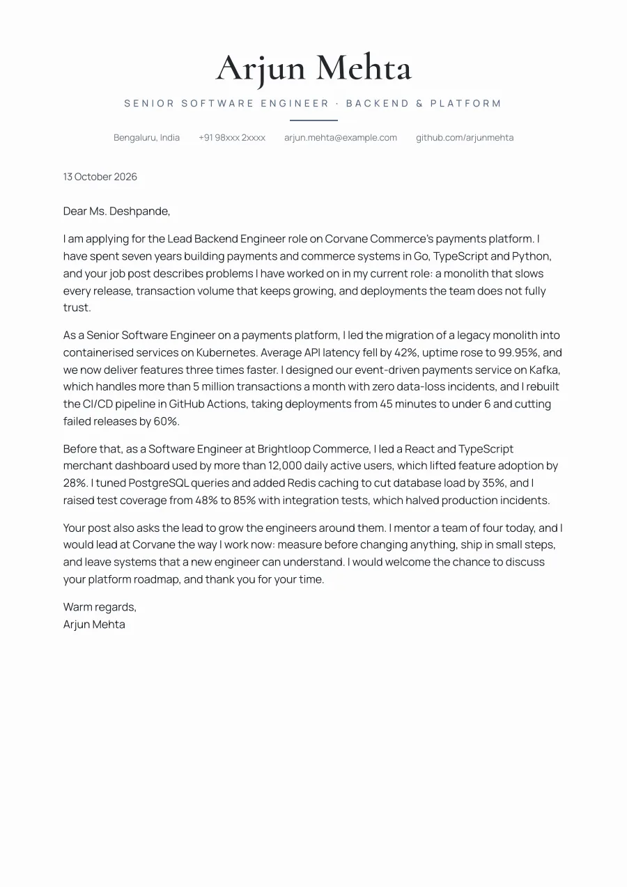 The software engineer cover letter example as a PDF page