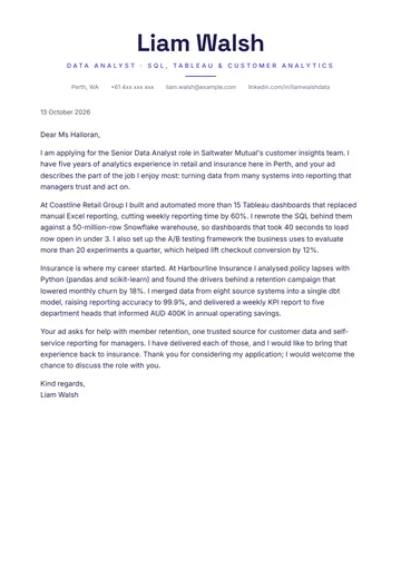 Data Analyst cover letter example