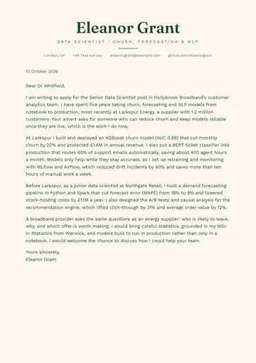 Data Scientist cover letter example