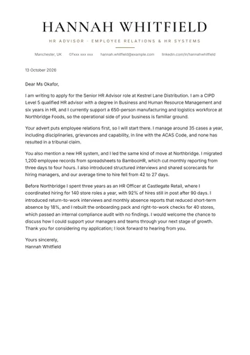 Human Resources cover letter example