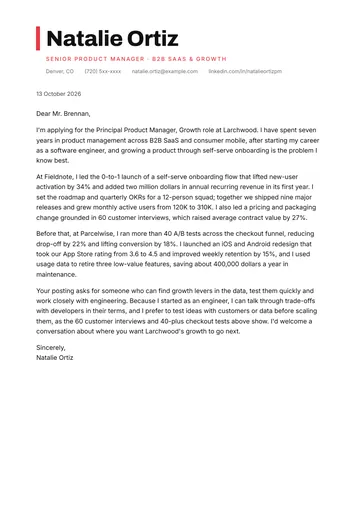 Product Manager cover letter example