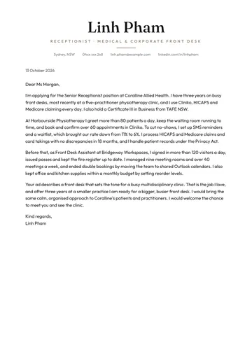 Receptionist cover letter example