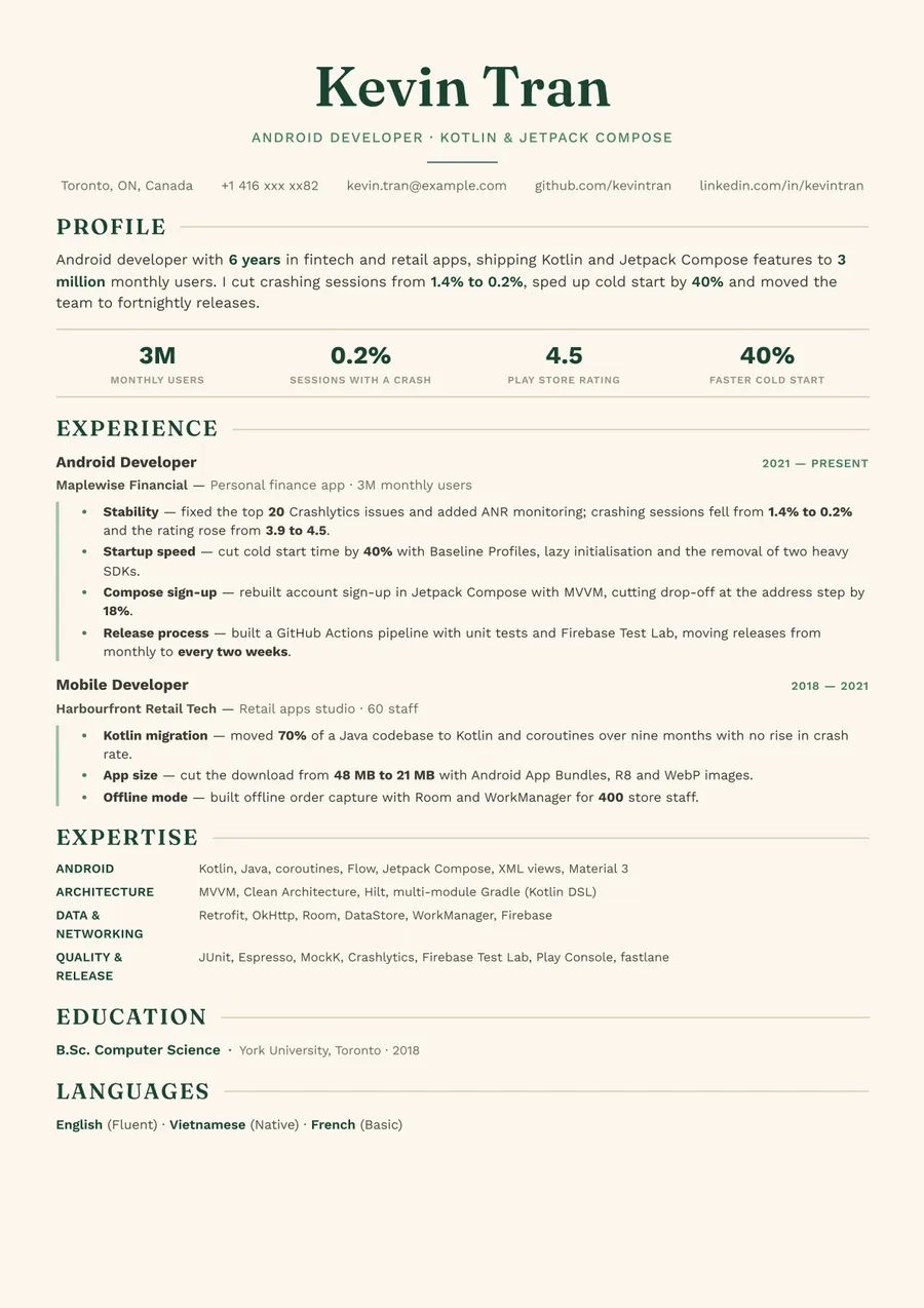 Free Android Developer Resume Template & Examples preview