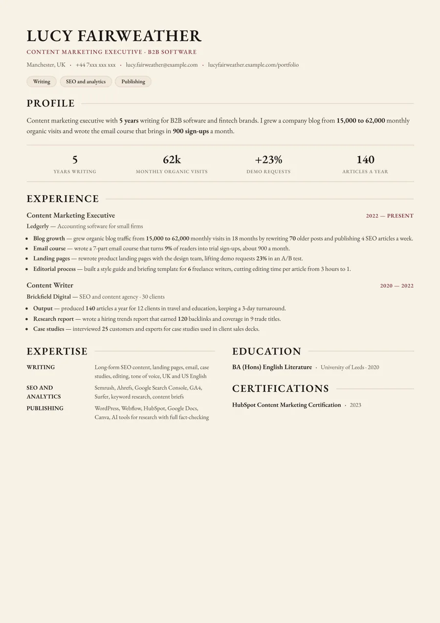 Free Content Writer Resume Template & Examples preview