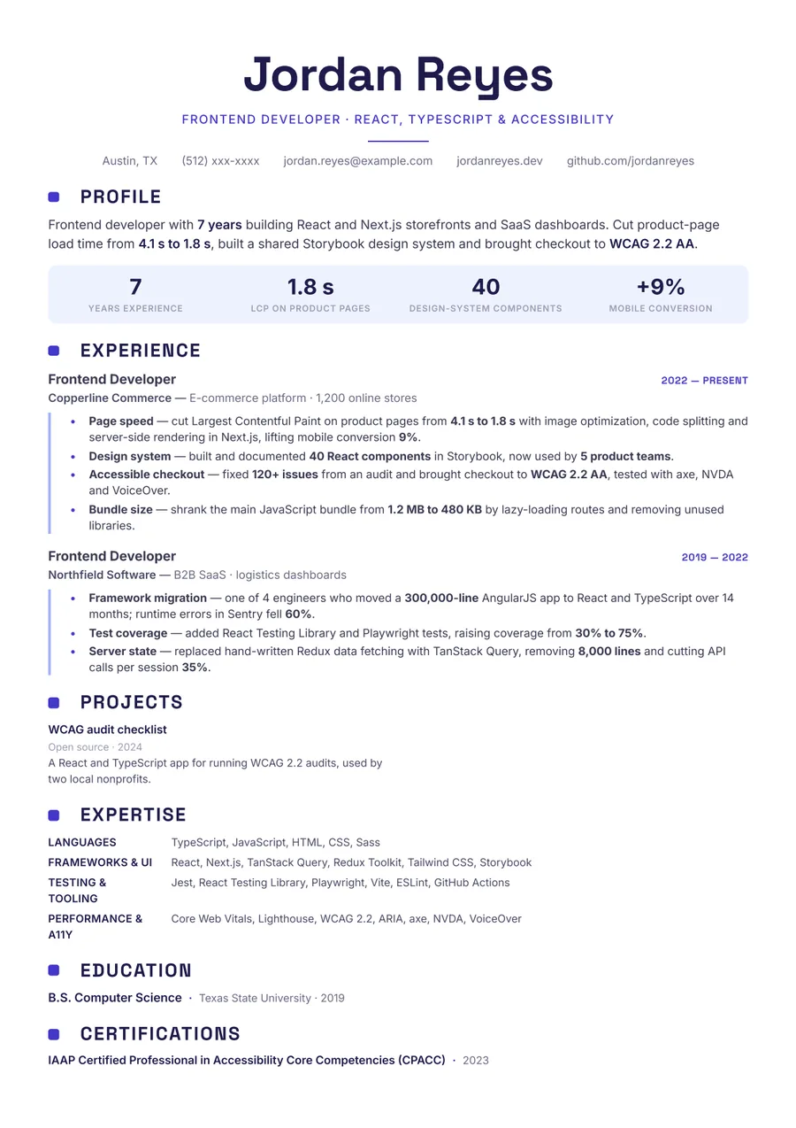 Free Frontend Developer Resume Template & Examples preview