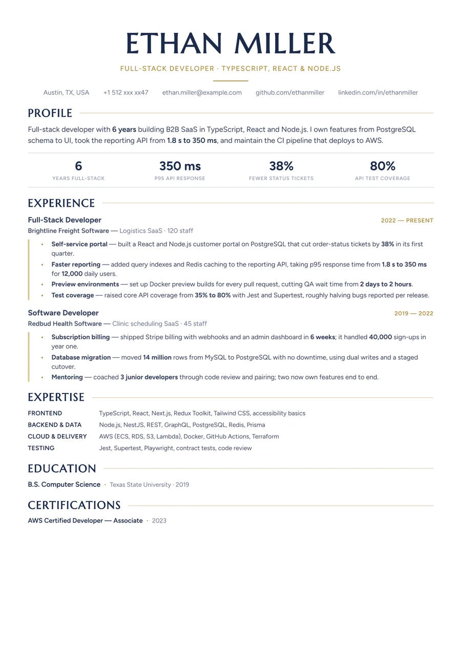 Free Full-Stack Developer Resume Template & Examples preview