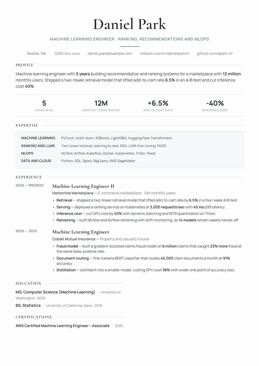 Free Machine Learning Engineer Resume Template & Examples preview