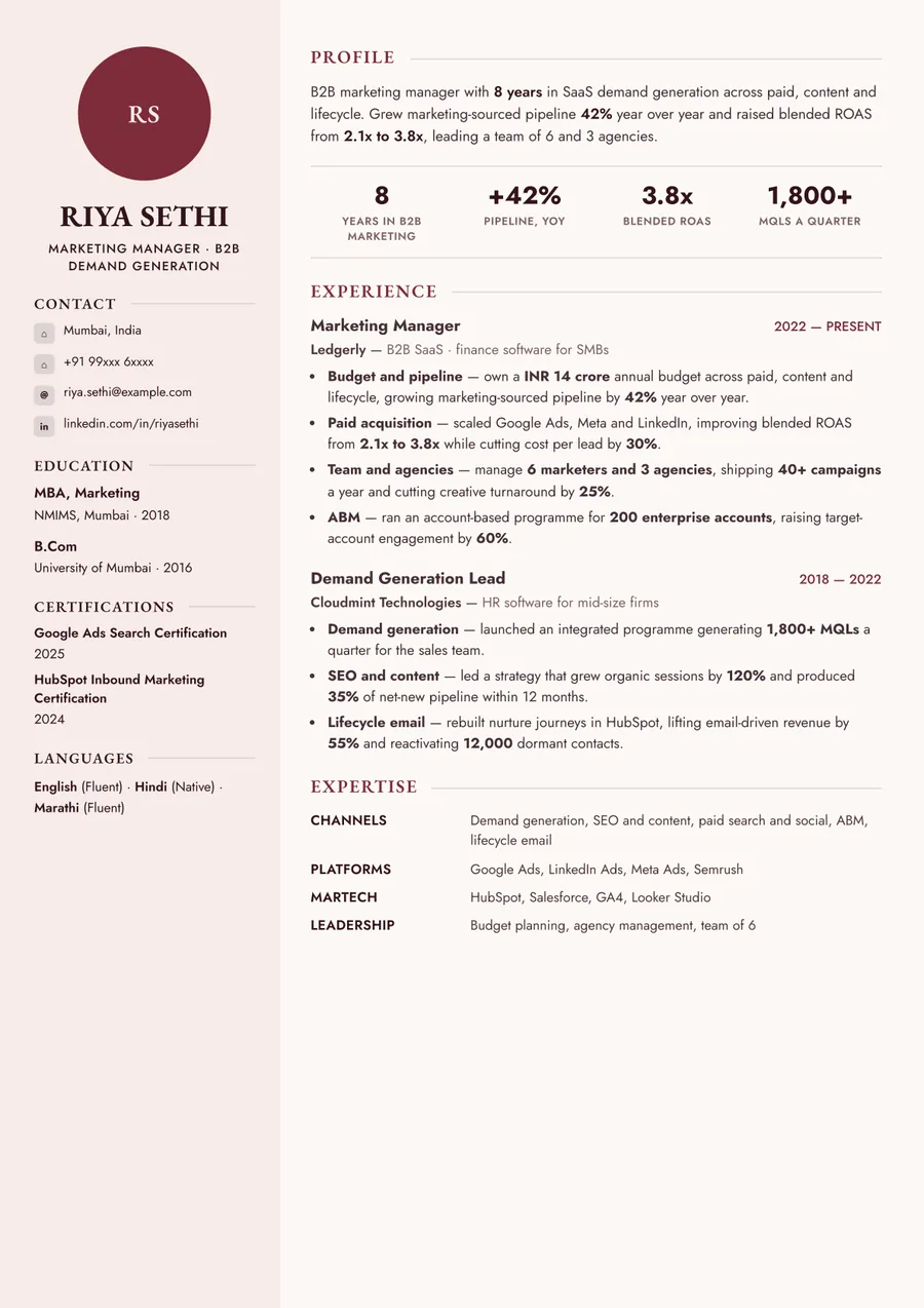 Free Marketing Manager Resume Template & Examples preview