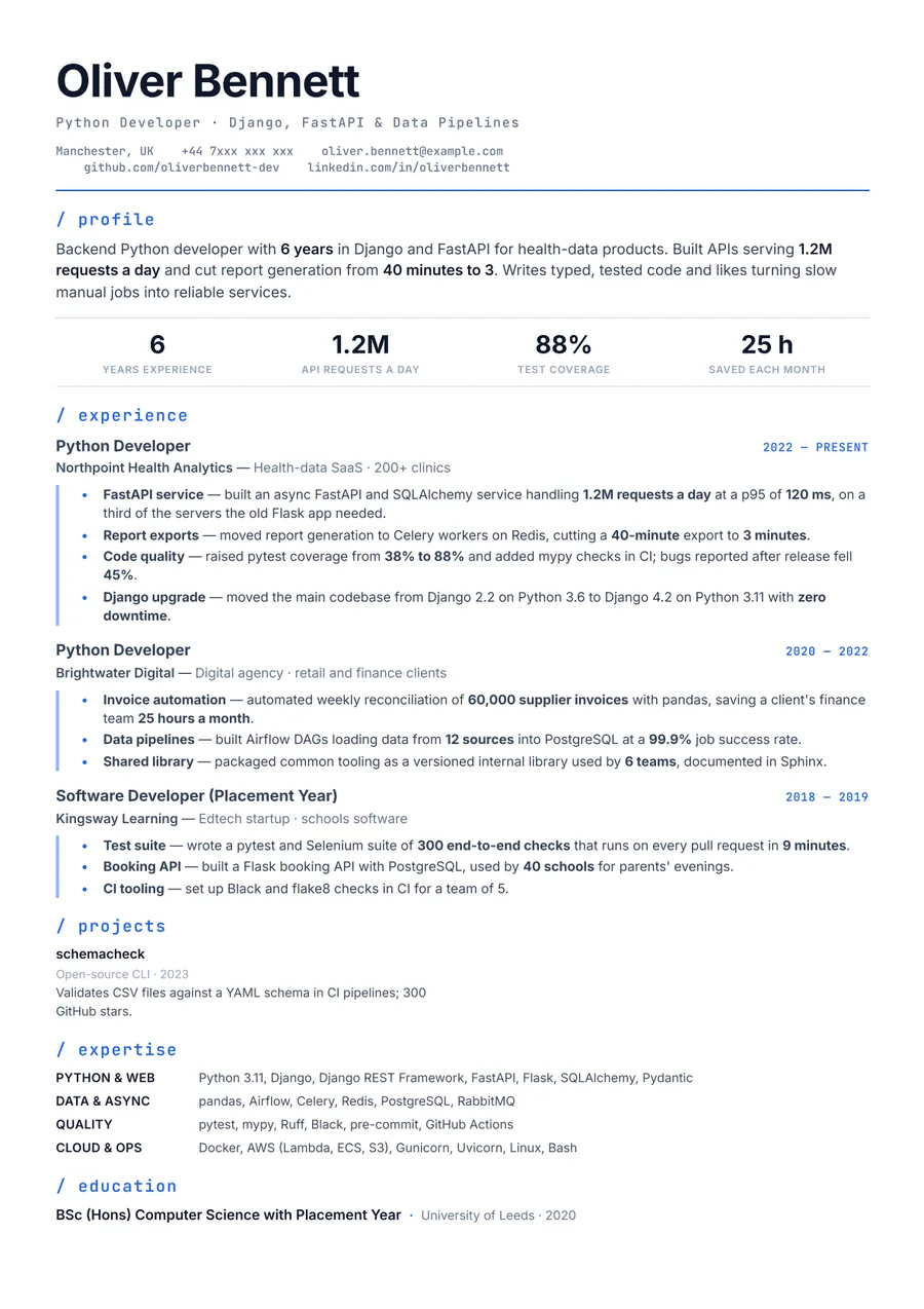 Free Python Developer Resume Template & Examples preview