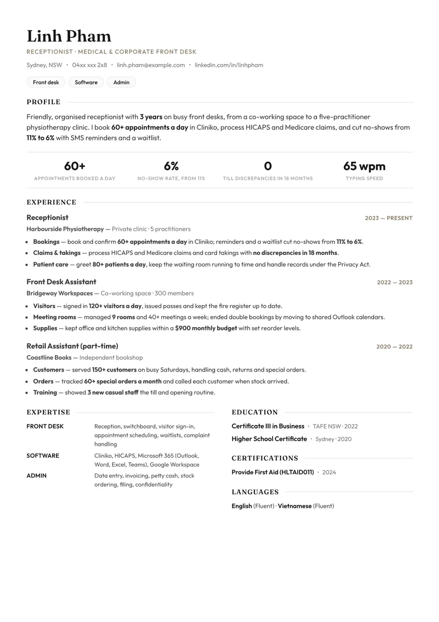 Free Receptionist Resume Template & Examples preview