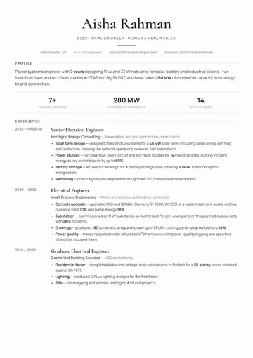 Electrical Engineer resume example