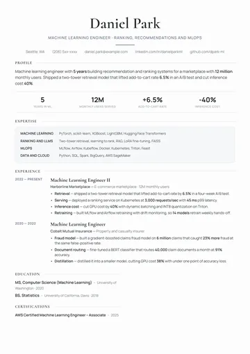 Machine Learning Engineer resume example
