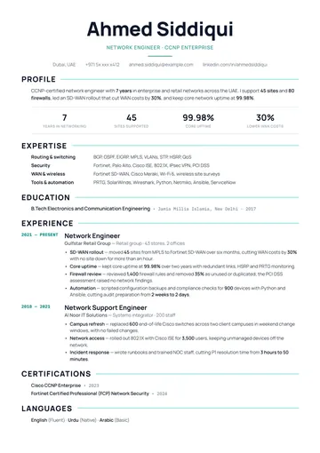 Network Engineer resume example