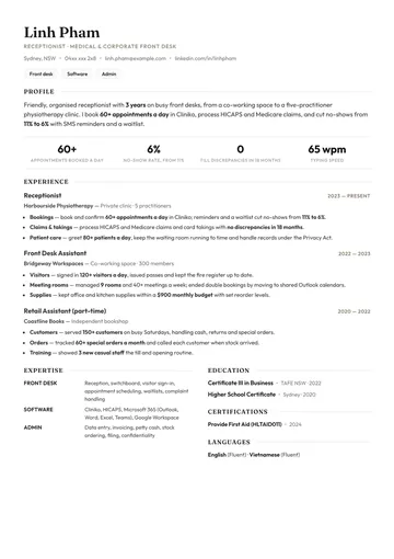 Receptionist resume example