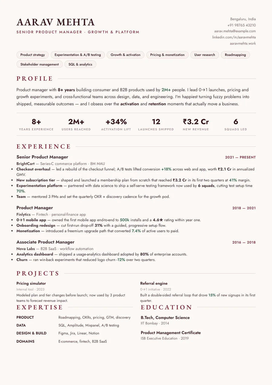 Bordeaux serif Compact header resume template — Warm & classic