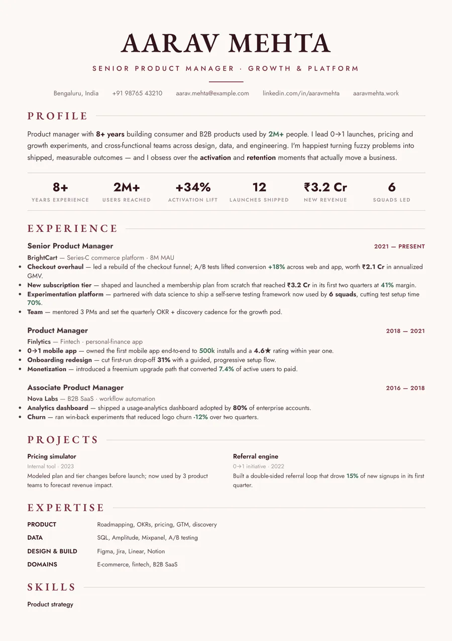 Bordeaux serif Developer stack resume template — Warm & classic