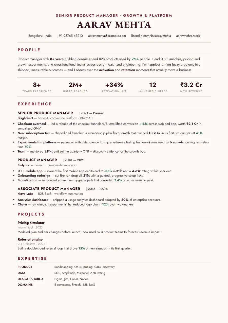 Bordeaux serif Formal resume template — Warm & classic