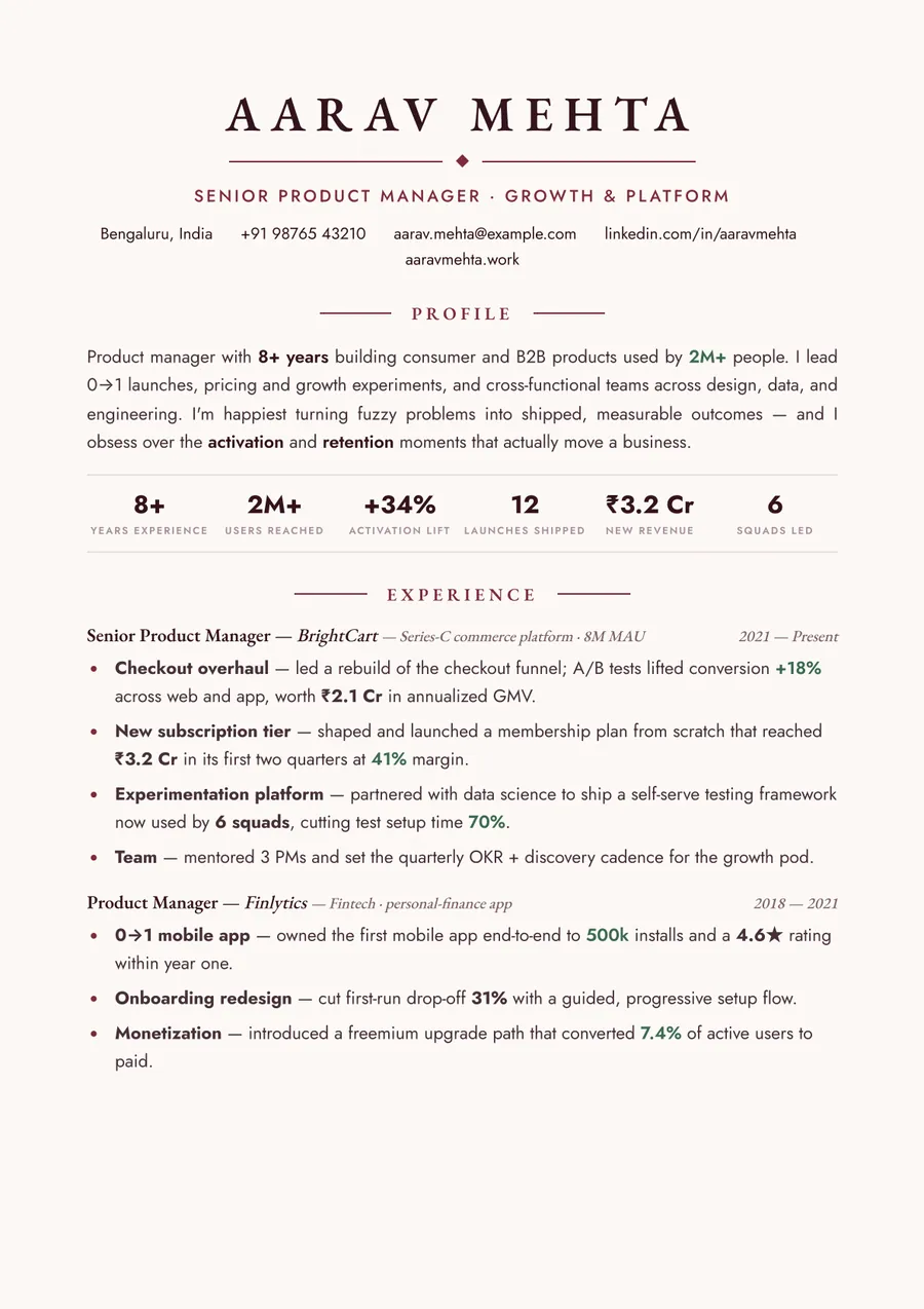 Bordeaux serif Letterpress resume template — Warm & classic