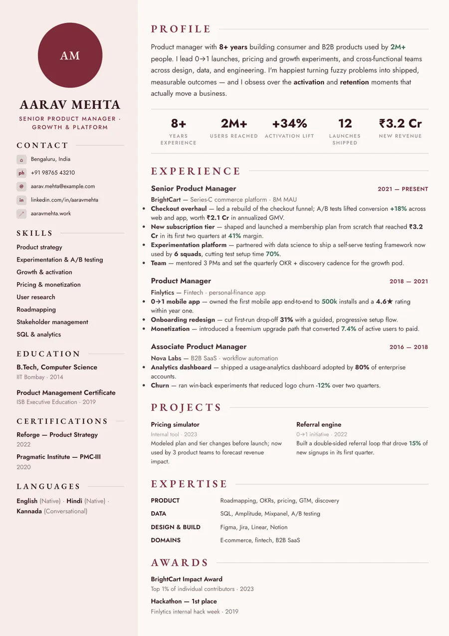 Bordeaux serif Sidebar resume template — Warm & classic