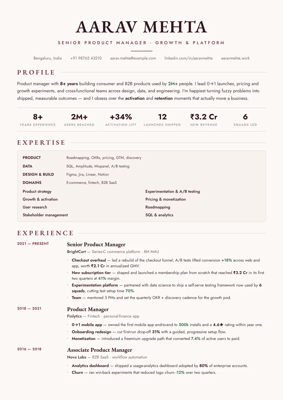 Bordeaux serif Skills-first resume template — Warm & classic