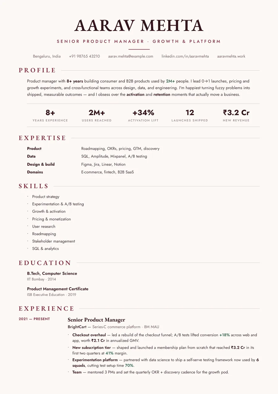 Bordeaux serif Stacked resume template — Warm & classic