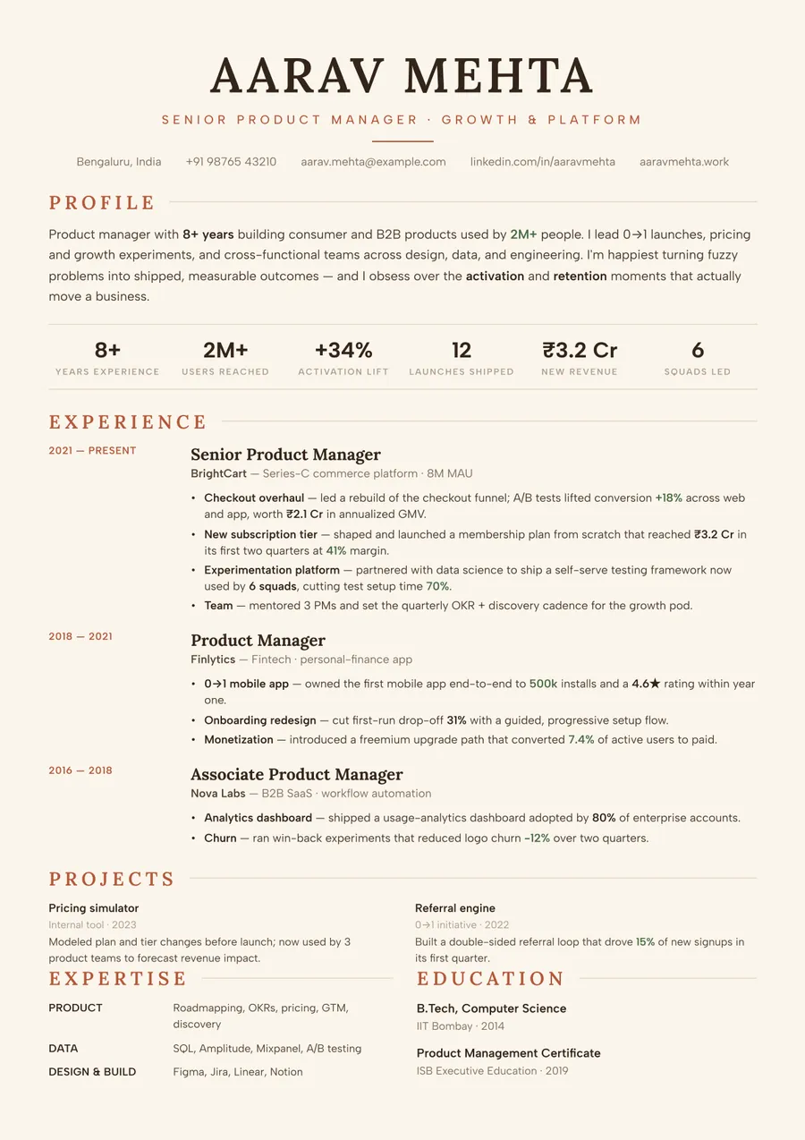 Dune terracotta Classic centered resume template — Earthy & warm