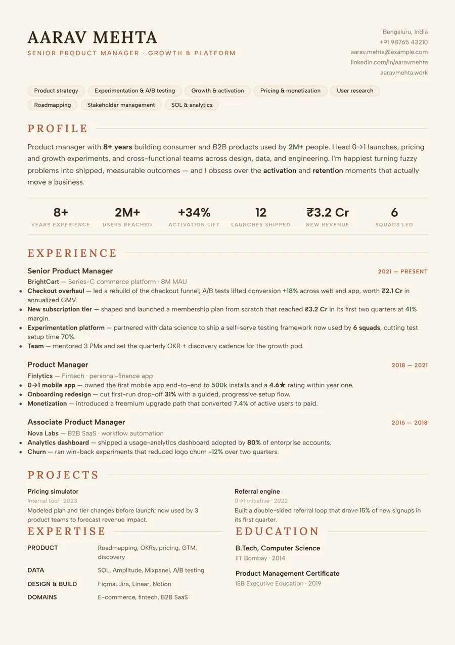 Dune terracotta Compact header resume template — Earthy & warm