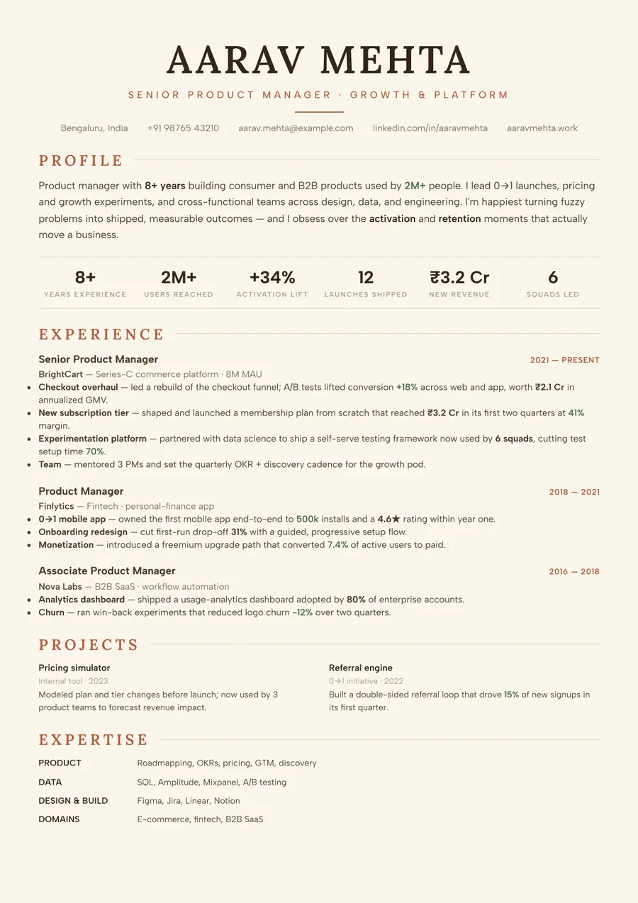 Dune terracotta Developer stack resume template — Earthy & warm