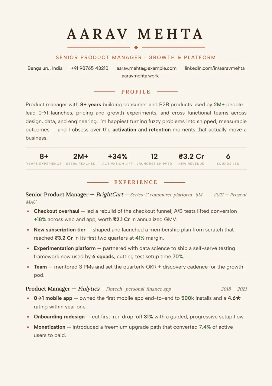Dune terracotta Letterpress resume template — Earthy & warm