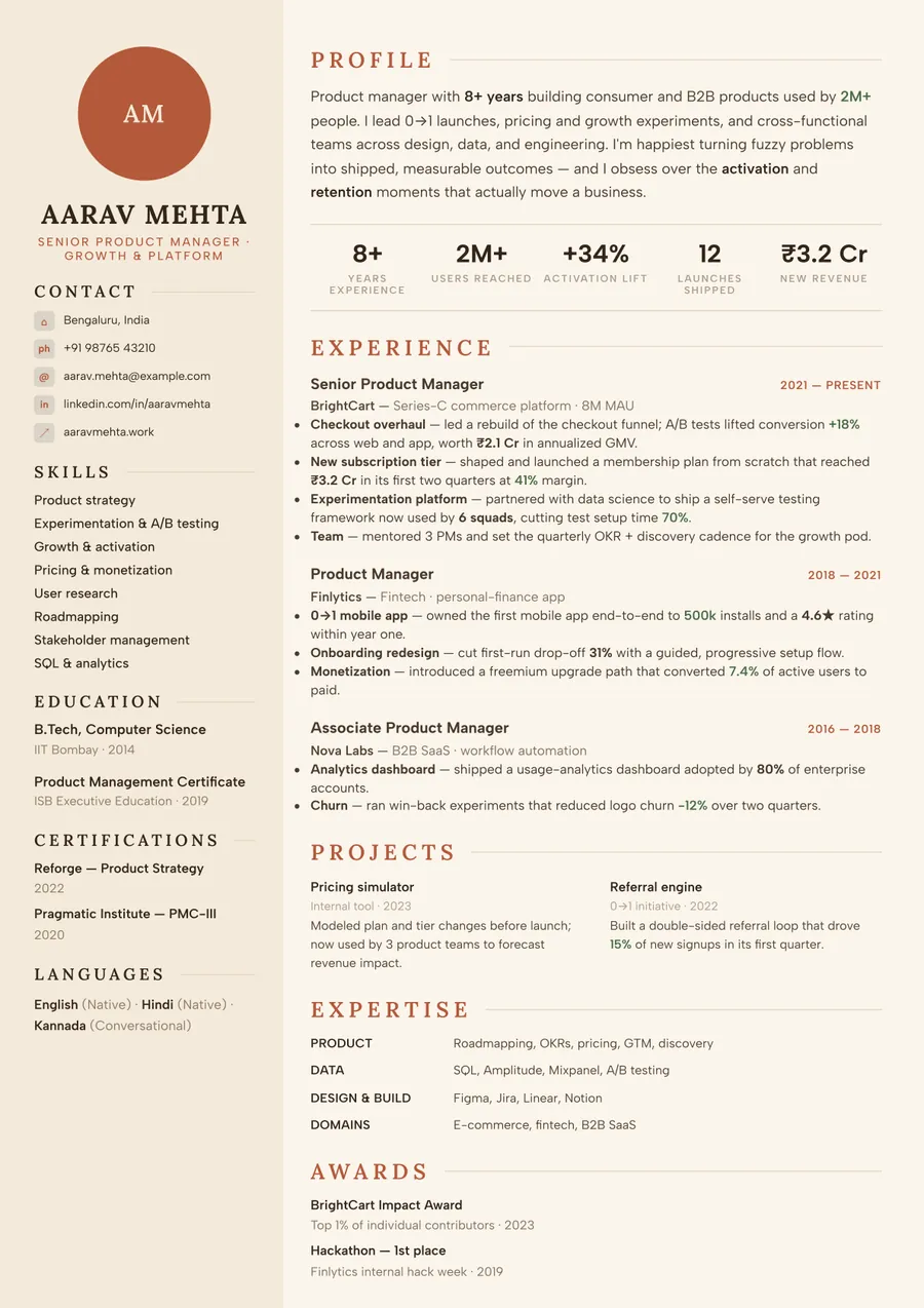 Dune terracotta Sidebar resume template — Earthy & warm