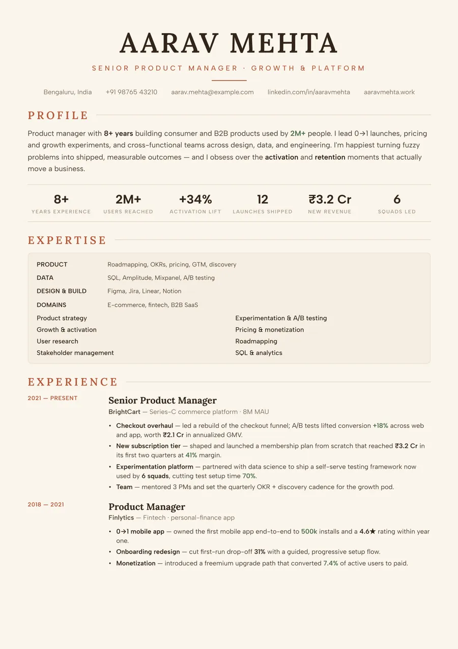 Dune terracotta Skills-first resume template — Earthy & warm