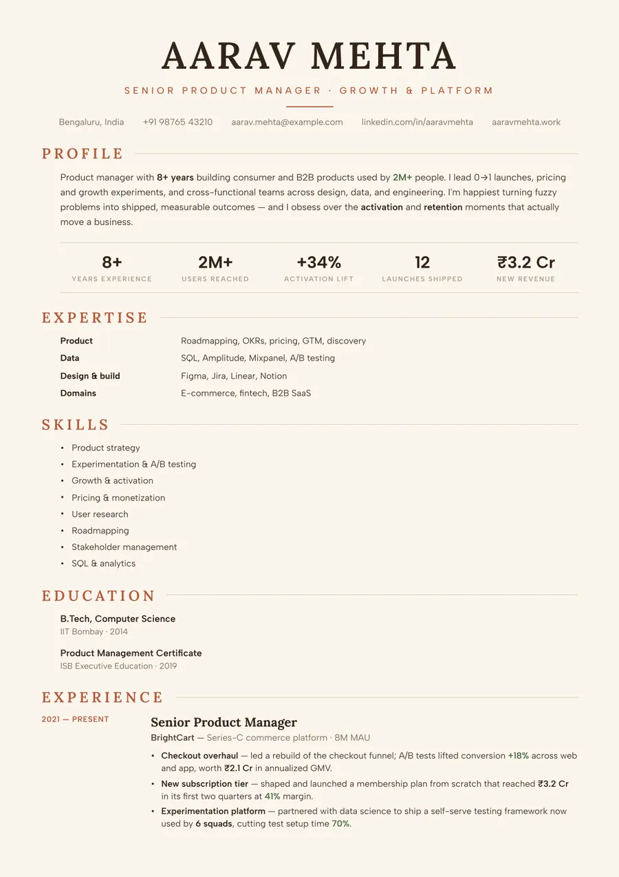 Dune terracotta Stacked resume template — Earthy & warm