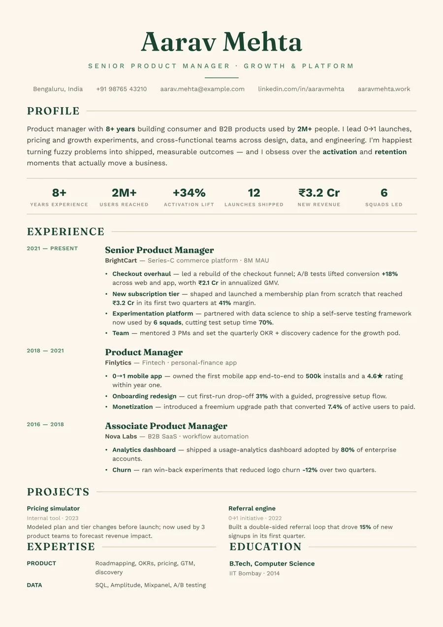 Forest editorial Classic centered resume template — Fresh & grounded