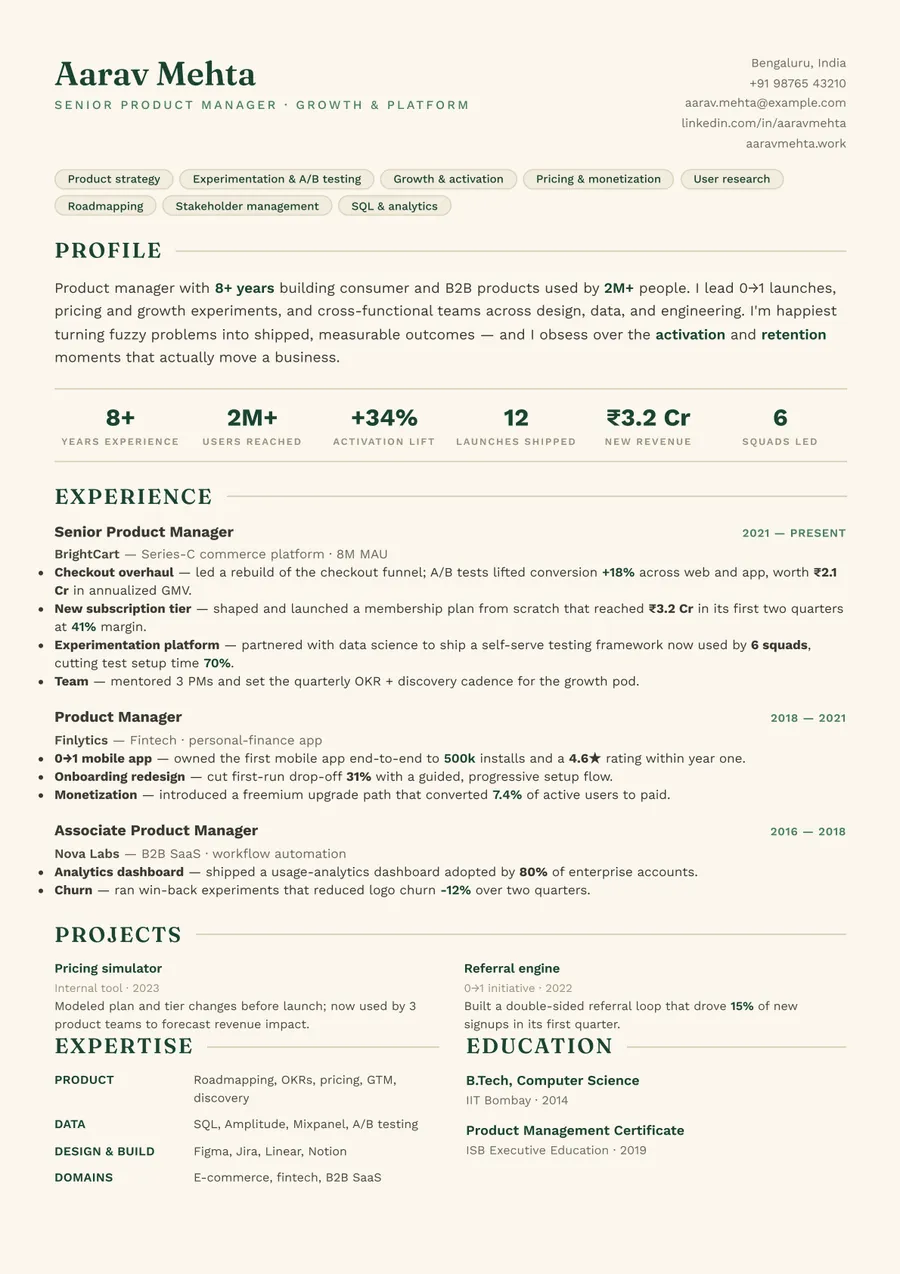 Forest editorial Compact header resume template — Fresh & grounded