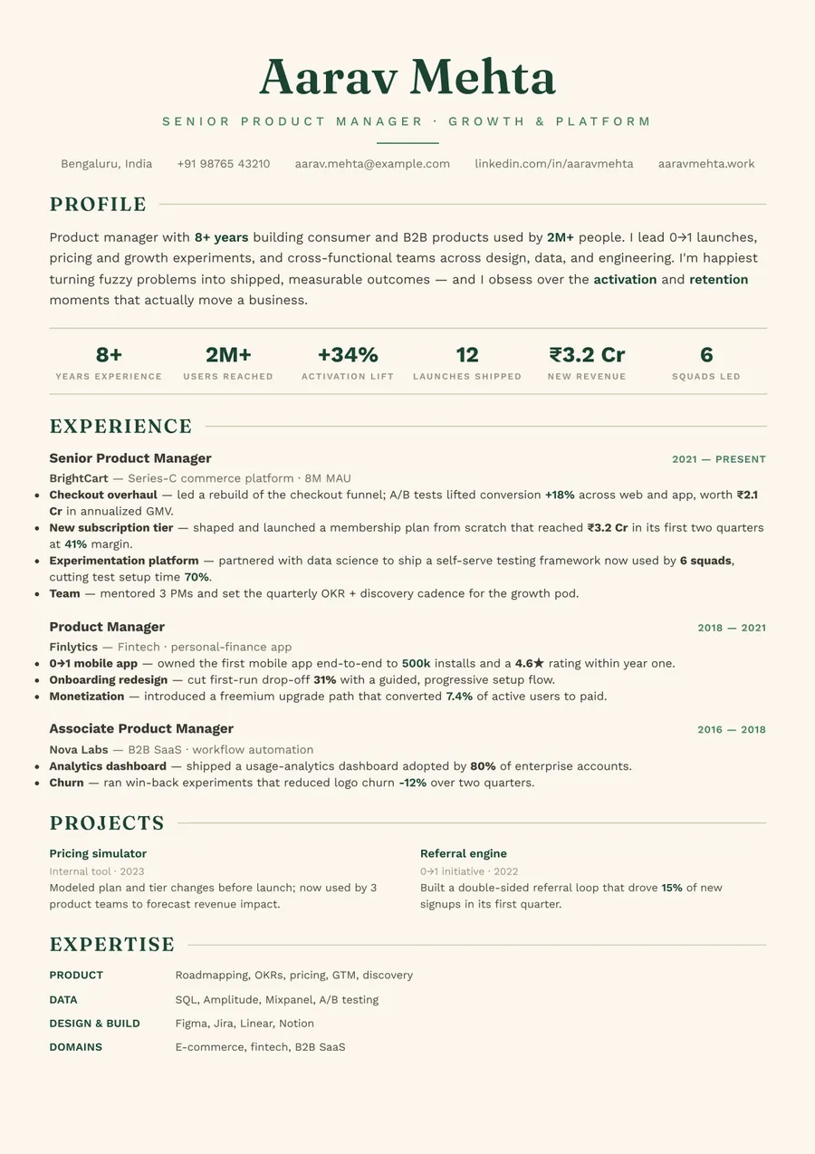 Forest editorial Developer stack resume template — Fresh & grounded