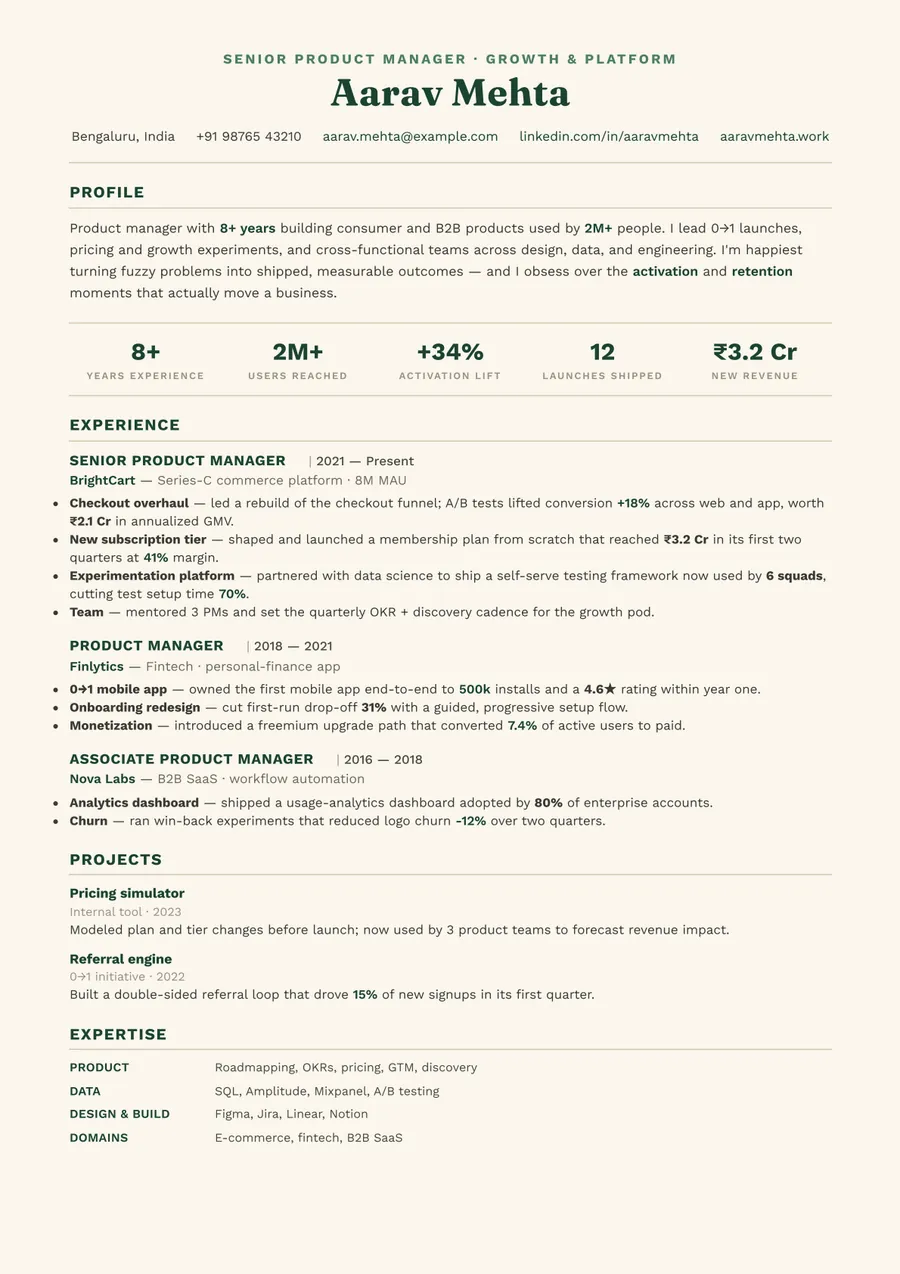 Forest editorial Formal resume template — Fresh & grounded