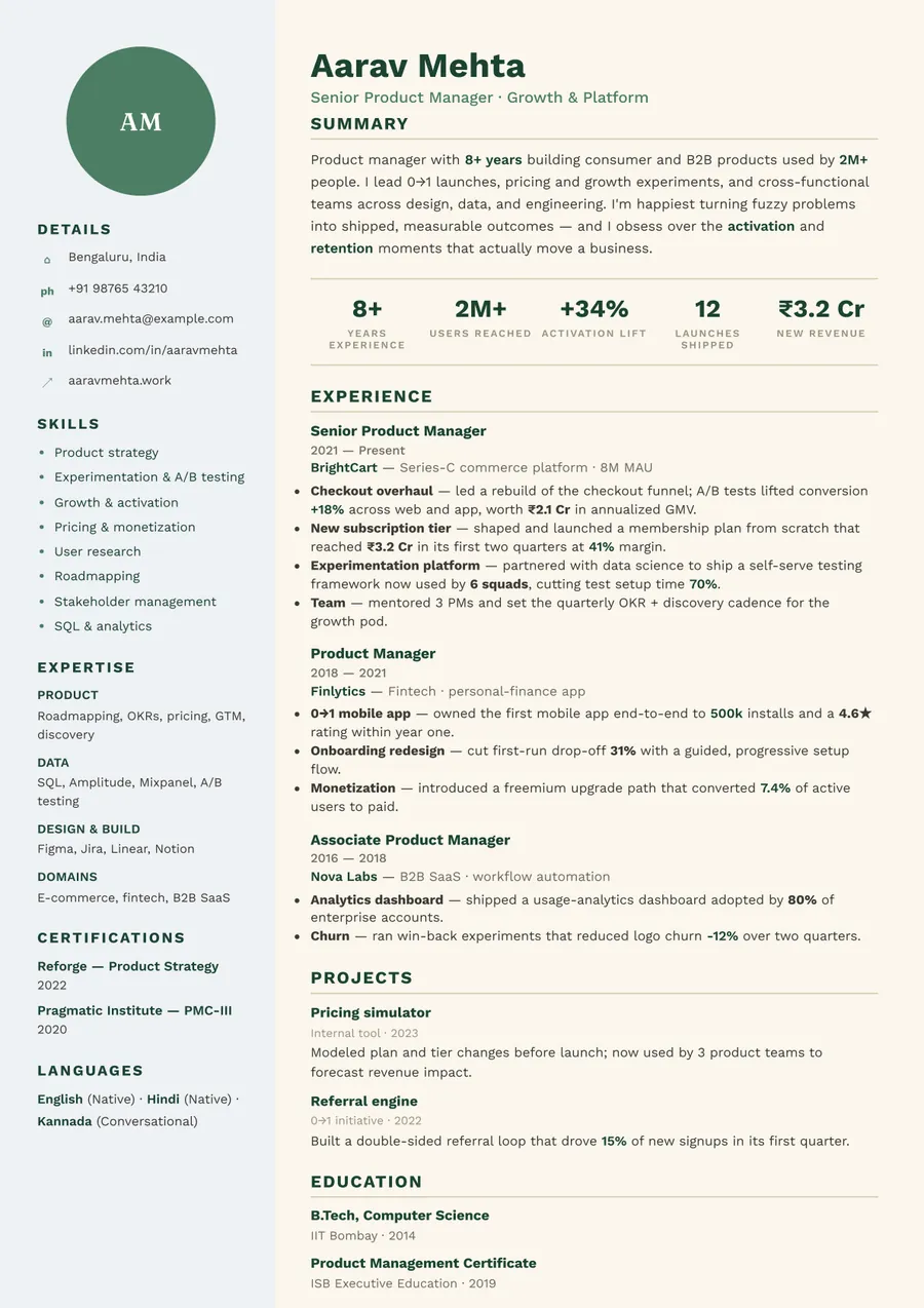 Forest editorial Portrait resume template — Fresh & grounded