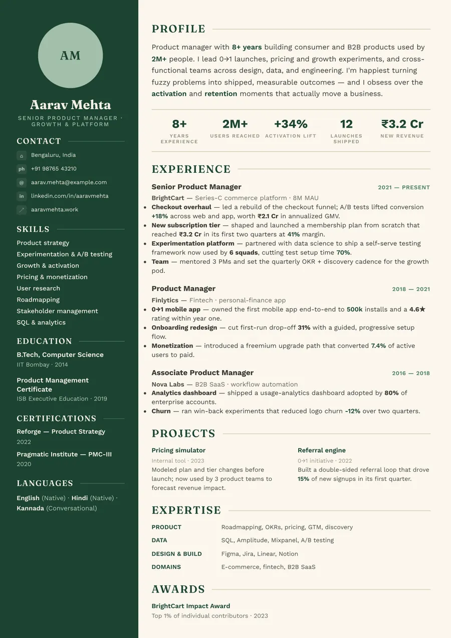 Forest editorial Sidebar resume template — Fresh & grounded