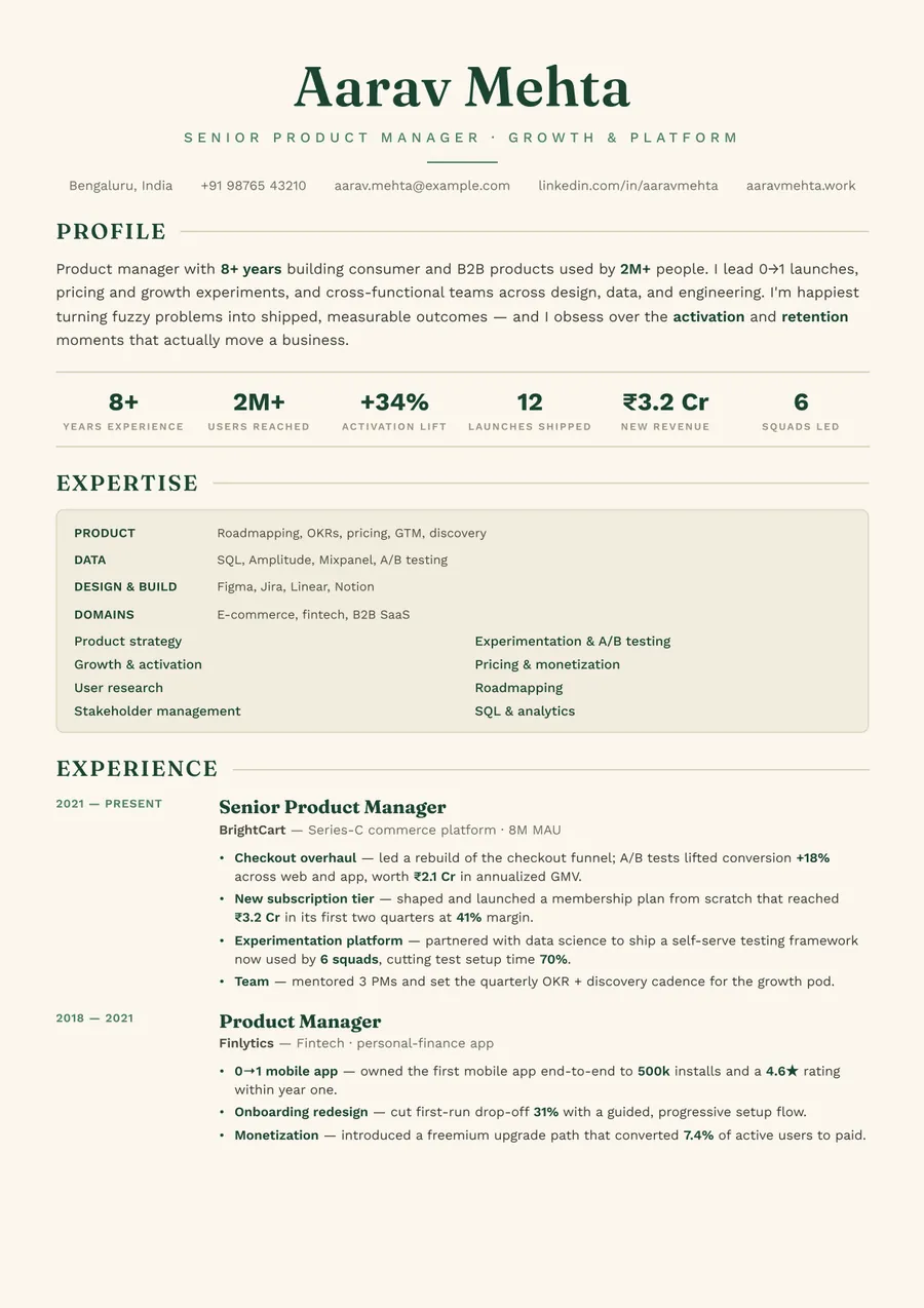 Forest editorial Skills-first resume template — Fresh & grounded